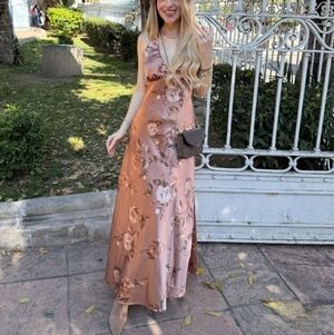 NWT Rowa Brown Metallic Satin Floral Baby doll Slip Maxi Dress Size Small
